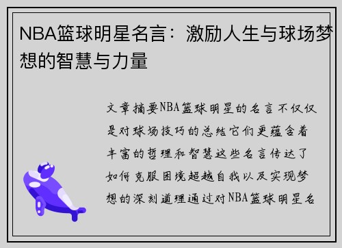 NBA篮球明星名言：激励人生与球场梦想的智慧与力量