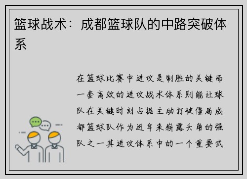 篮球战术：成都篮球队的中路突破体系