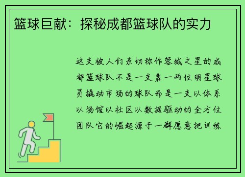 篮球巨献：探秘成都篮球队的实力